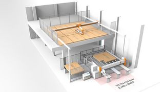 Sistema di magazzino pannelli a due piani di HOLZHER in Svizzera: STORE-MASTER adattato in base alle esigenze del cliente